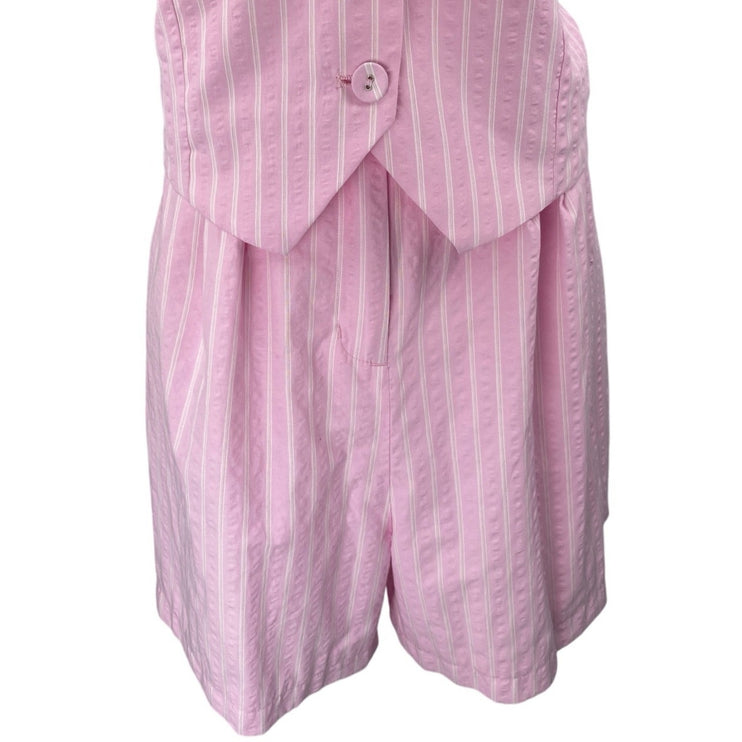 NEW Glamorous Pink White Striped Sleeveless Button Up Vest Top Shorts Set Sz 10