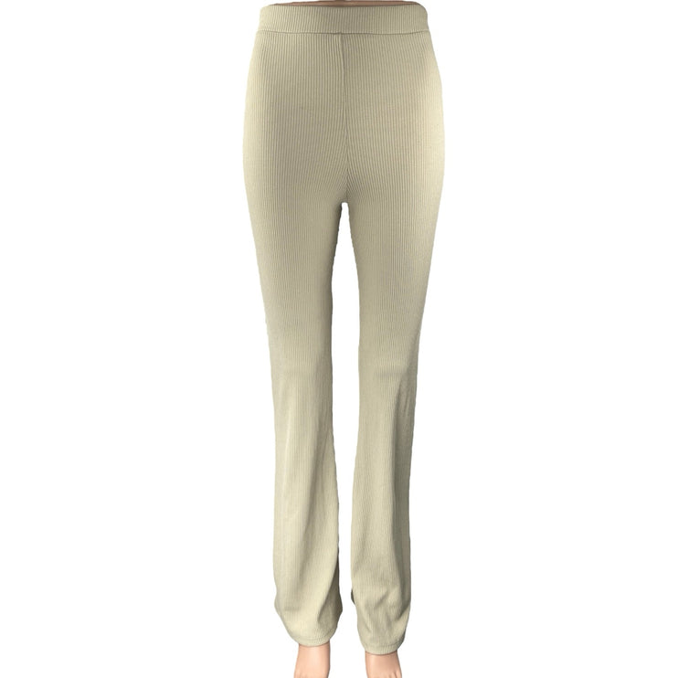 Zara Beige Tan Ribbed Knit High Waisted Pull On Bootcut Flared Pants Size S