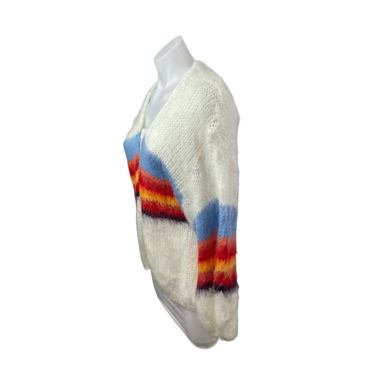 Women's Multicolor Color Block Chunky Knit Balloon Sleeve Cardigan Sweater Top S