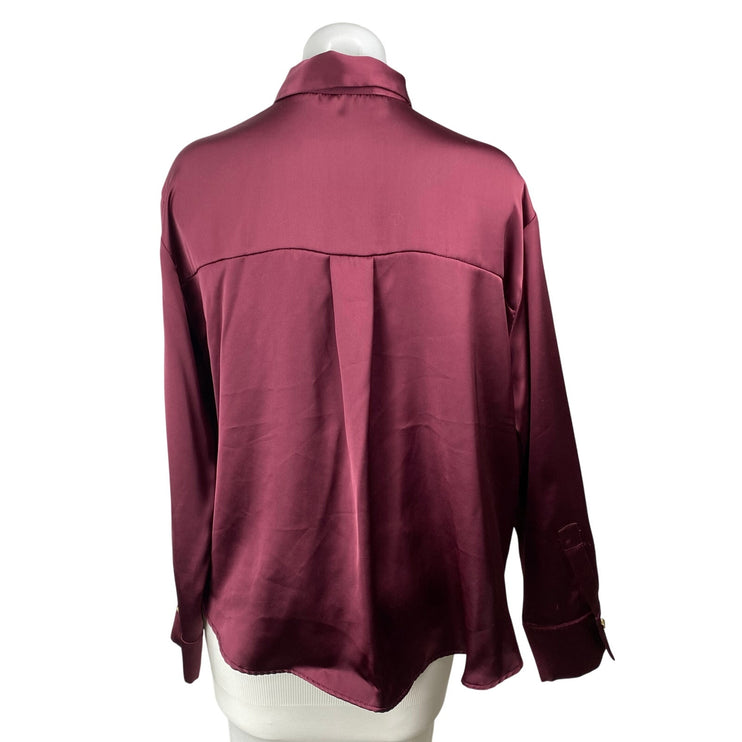 Zara Women's Red Silk Satin Long Sleeve Button Down Blouse Shirt Top Size M