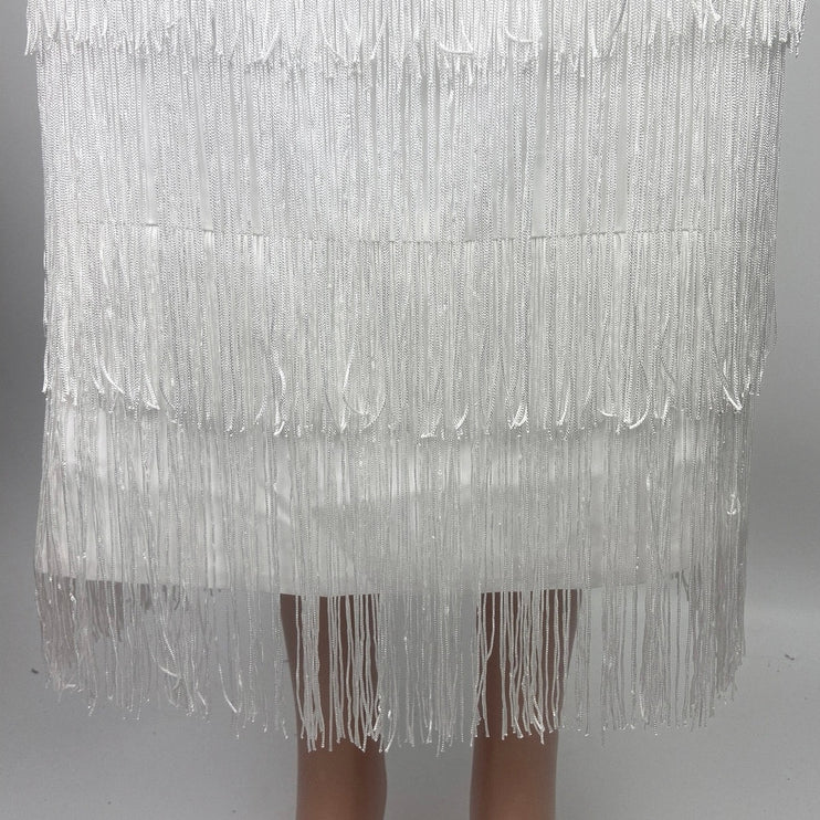 12th Tribe NWT White Gatsby Fringe Layered Straight Pencil Boho Midi Skirt Sz S