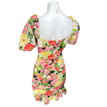Zara Multicolor Floral Short Puff Sleeve Ruched Ruffle Mini Bodycon Dress Sz XS