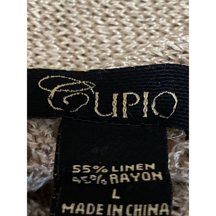 Cupio Beige Linen Sleeveless Tie Front Pointelle Longline Sweater Cardigan Top L
