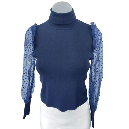 Zara Women's Blue Knit Organza Turtleneck Long Sleeves Crop Sweater Top Size M