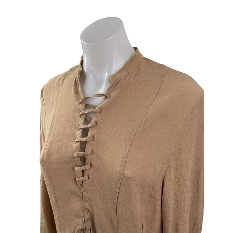 NEW H&M Womens Tan Lace Up Long Sleeve Ruffle Pleated A Line Mini Dress Size S