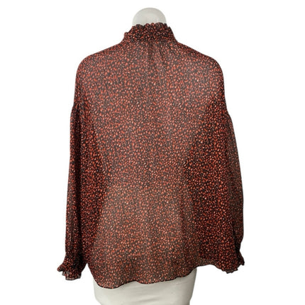 Mango MNG Brown Printed Ruffle Button Up Long Puff Sleeve Sheer Blouse Top Sz 4