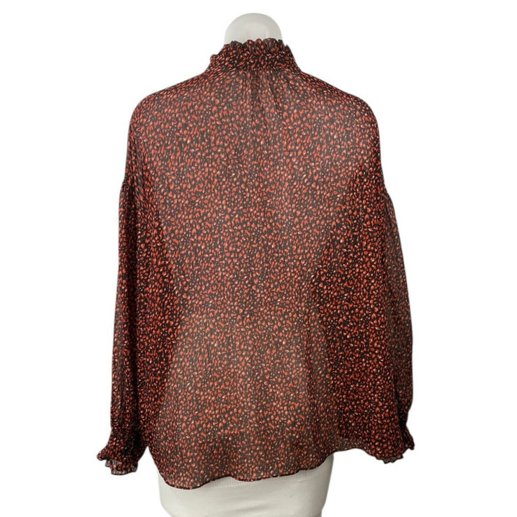 Mango MNG Brown Printed Ruffle Button Up Long Puff Sleeve Sheer Blouse Top Sz 4