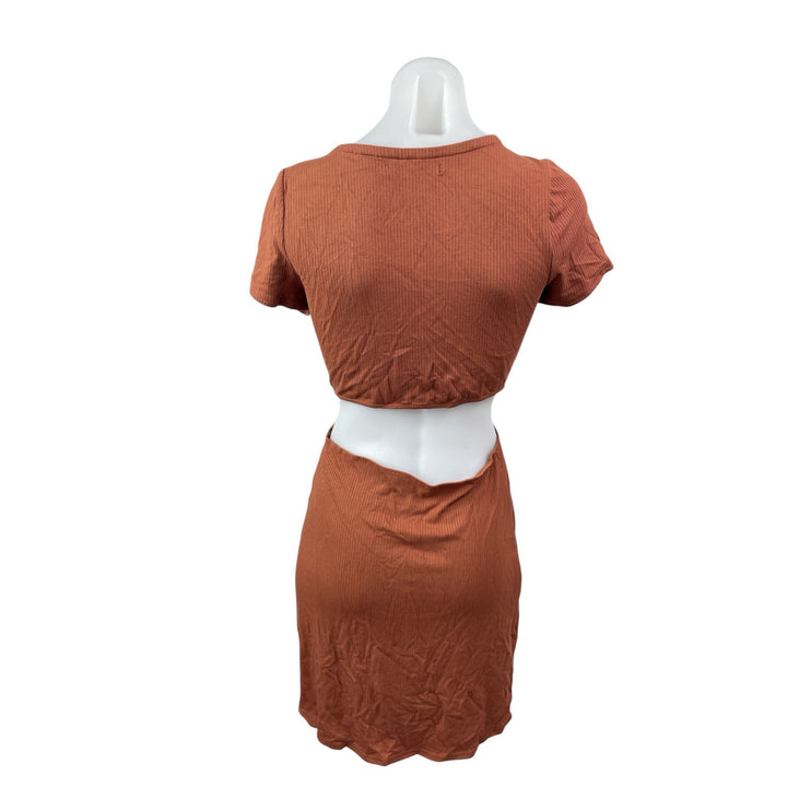 Abercrombie & Fitch Rust Brown Short Sleeve V Neck Rib Knit Cutout Mini Dress M