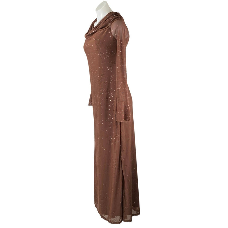 Women's Brown Splatter Long Bell Sleeve Mesh Cowl Evening Gown Maxi Dress Size L