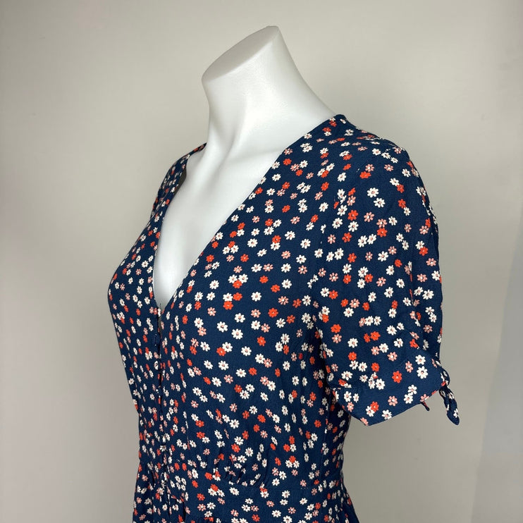 Madewell Women Navy Blue Daisy Floral Button Up Short Tie Sleeve Mini Dress Sz 4