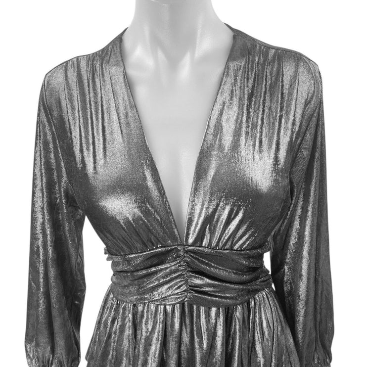 Zara Silver Metallic Long Sleeve Deep V-Neck Pleated Fit & Flare Mini Dress XS