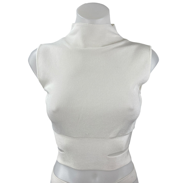Zara Women's White Ribbed Knit Sleeveless Turtleneck Cutout Crop Top Size S