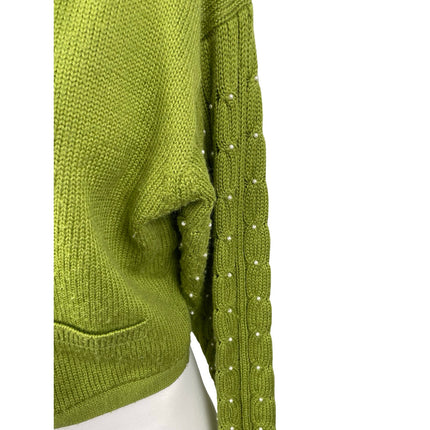 Rene Derhy Green Beaded Pearl Cable Knit Button Up Crop Cardigan Sweater Size M