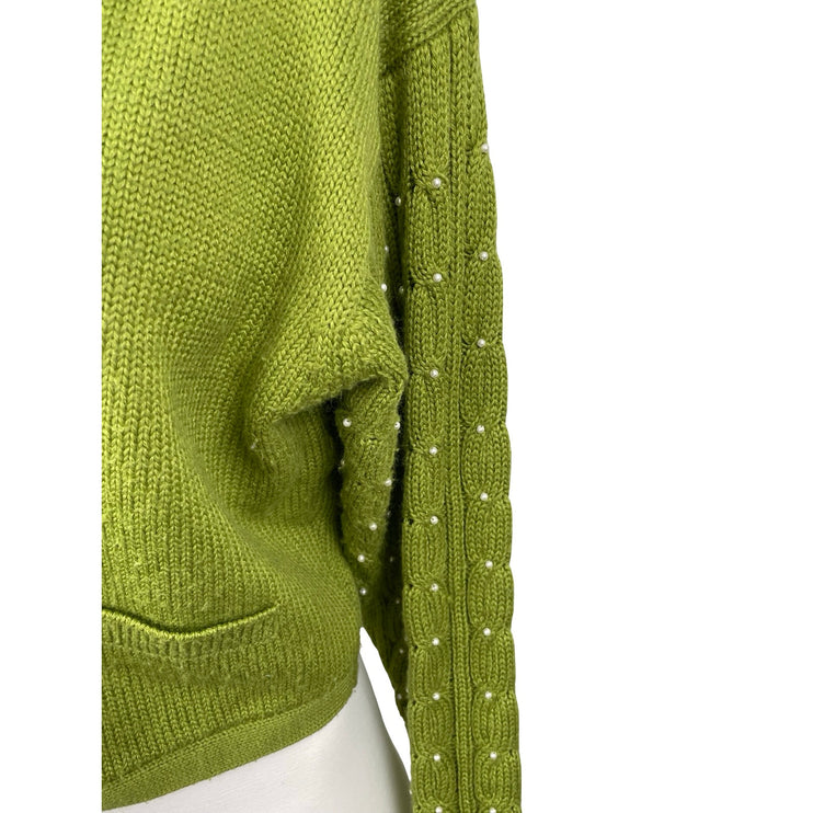 Rene Derhy Green Beaded Pearl Cable Knit Button Up Crop Cardigan Sweater Size M