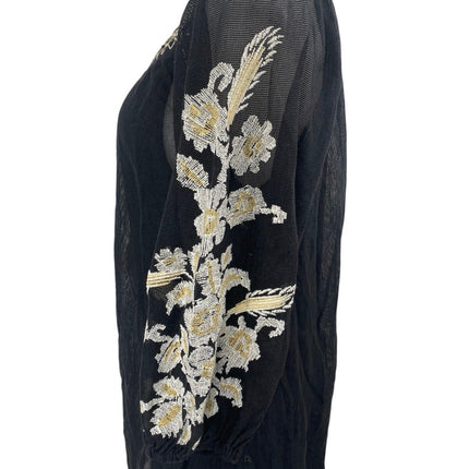 NEW Shyanne Black Floral Embroidered Tassel 3/4 Sleeve Mini Tunic Shift Dress XS