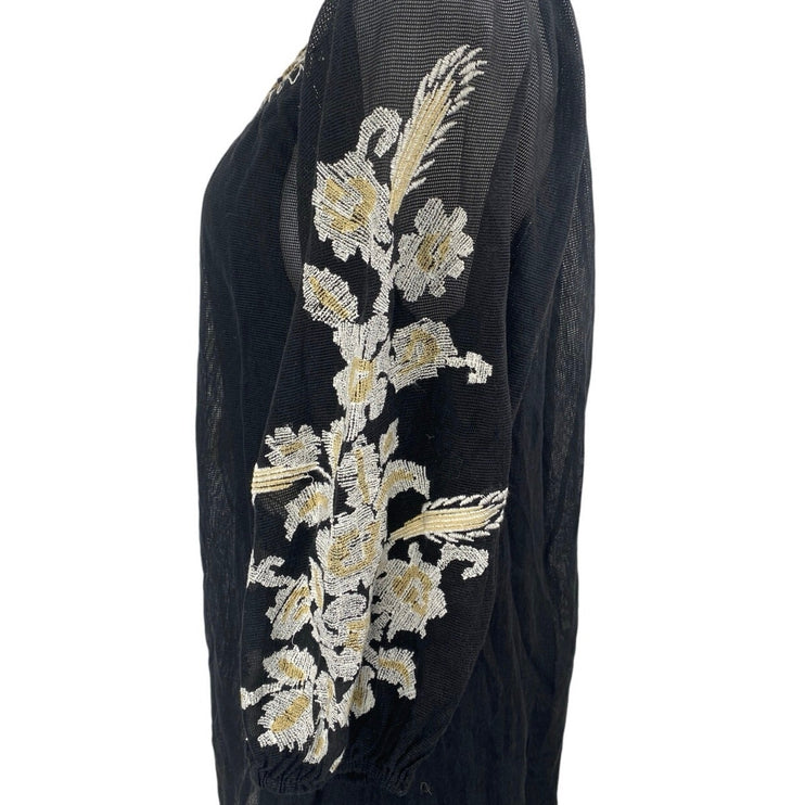 NEW Shyanne Black Floral Embroidered Tassel 3/4 Sleeve Mini Tunic Shift Dress XS