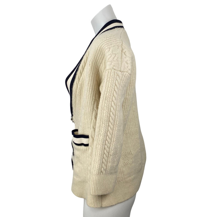 Sandro Womens Cream Black Cable Knit Wool Gold Chain Cardigan Sweater Top Size 0