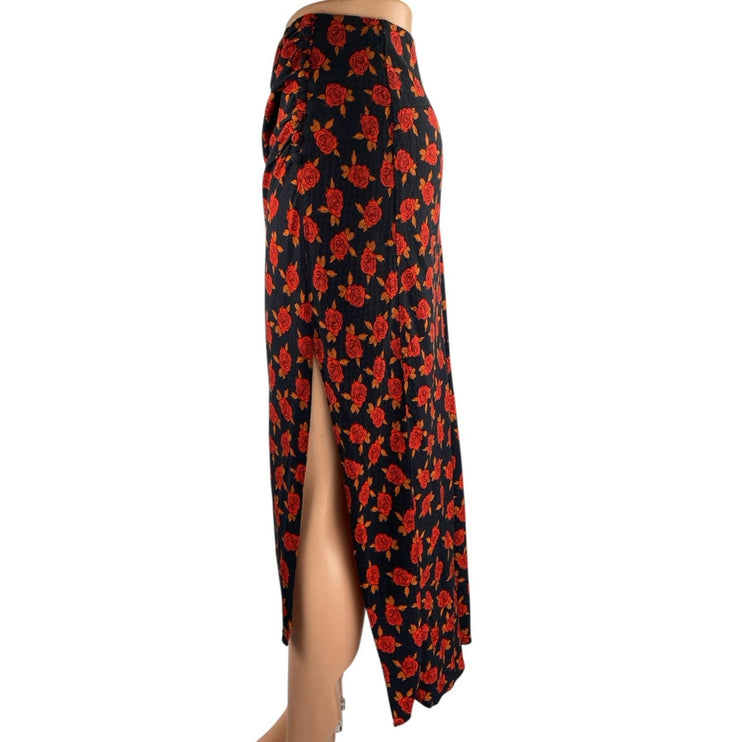 Urban Outfitters Black Multicolor Floral Roses Side Slip Midi Slip Skirt Size S