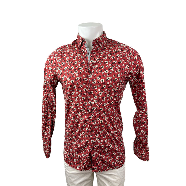 Ted Baker Men's Red Floral Modern Fit Long Sleeve Button Down Shirt Top Size 15