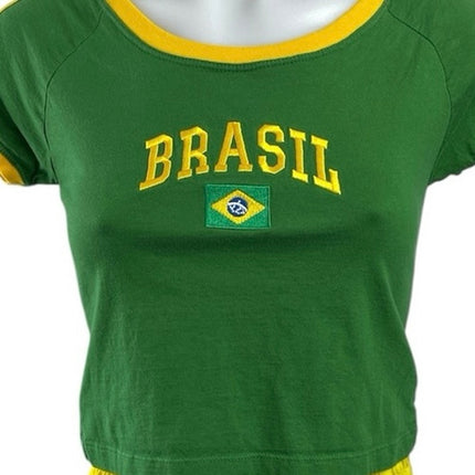 Pierim Women's Green Brazil Flag Short Sleeve Crop Tee Shorts 2 Piece Set Size S