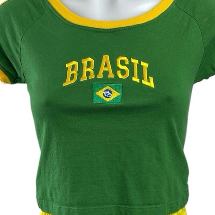 Pierim Women's Green Brazil Flag Short Sleeve Crop Tee Shorts 2 Piece Set Size S