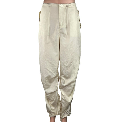 Steve Madden Cream Satin Silky Tapered Drawstring Windbreaker Parachute Pants S