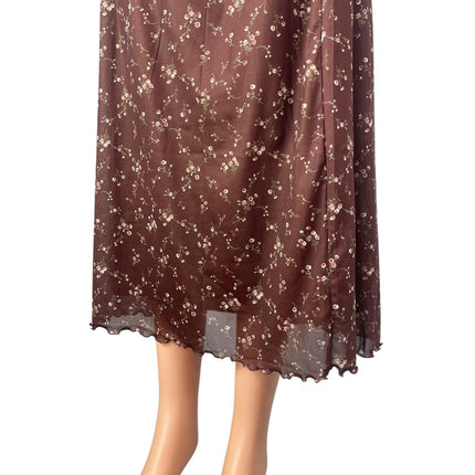 Women's Brown Floral Mesh Sheer Lettuce Hem High Rise Slim Maxi A-Line Skirt L