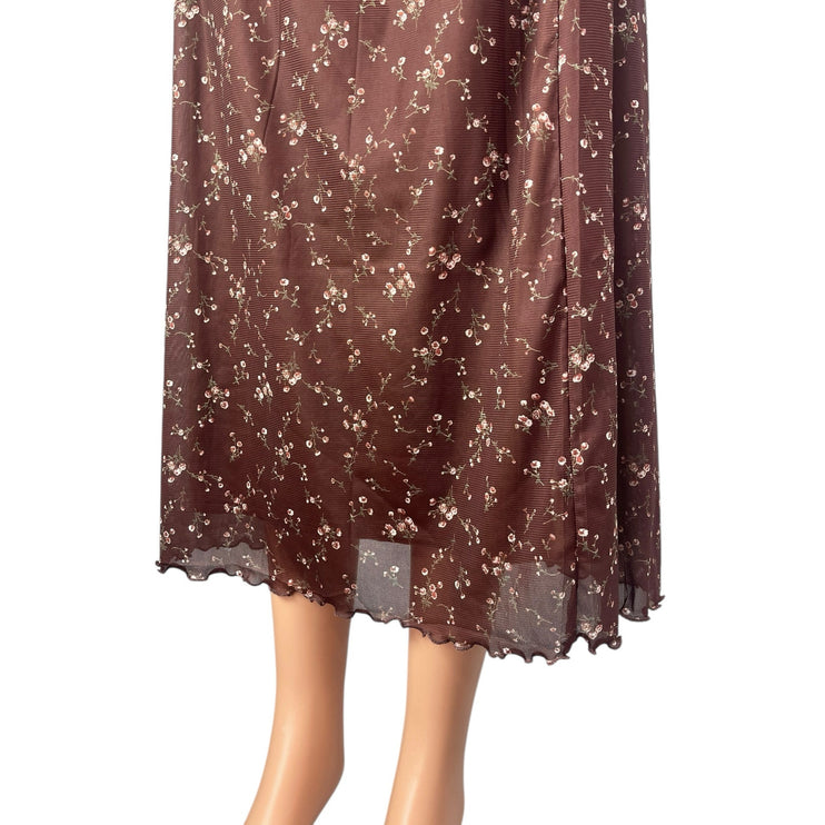Women's Brown Floral Mesh Sheer Lettuce Hem High Rise Slim Maxi A-Line Skirt L