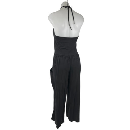 Oak + Fort Women's Black Sleeveless Halter Wide Leg Pockets Romper Jumpsuit Sz L