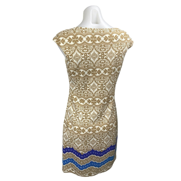 Maggy London Gold White Damask Cap Sleeve Boat Neck Mini Sheath Dress Size S