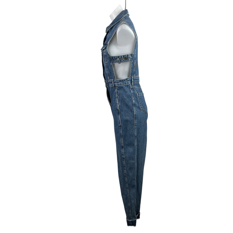 Topshop Women's Blue Sleeveless Denim Jean Button Up Overalls Jumpsuit Size M