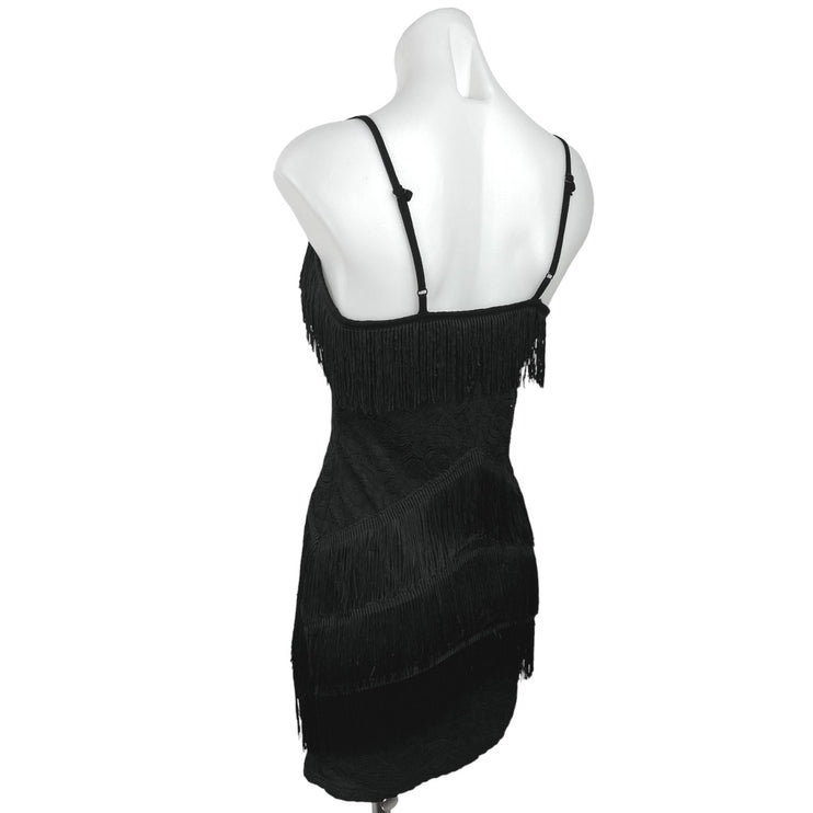 Shein Women's Black Fringe Sleeveless Adjustable Strap Bodycon Mini Dress Sz XS