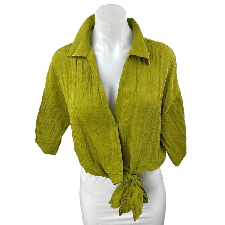 H&M Women's Green Short Sleeve V Neck Collared Tie Hem Shirt Crop Top Size S