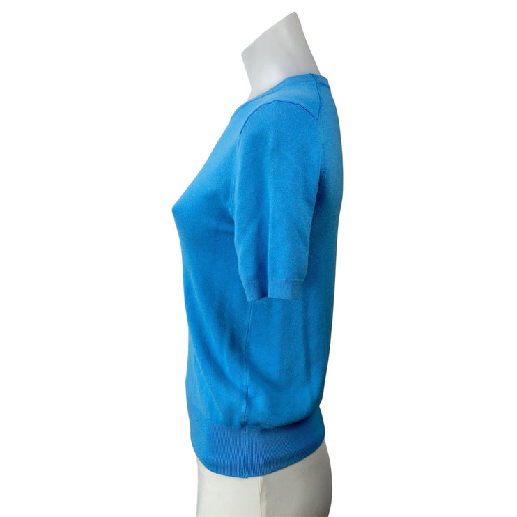 Zara Women Blue Knit Short Sleeve Stretch Crew Neck Pullover Sweater Top Size M