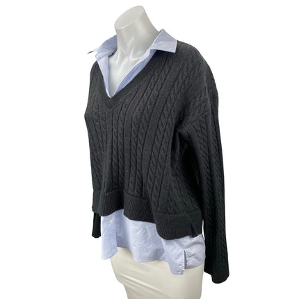Women's Black Cable Knit Layered Shirt Long Sleeve V Neck Sweater Top Size M