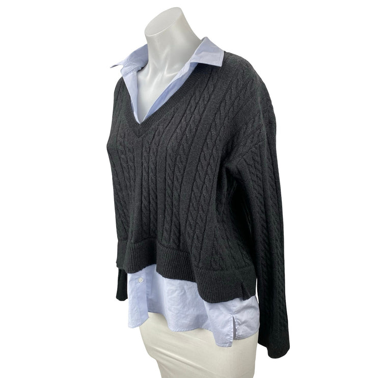 Women's Black Cable Knit Layered Shirt Long Sleeve V Neck Sweater Top Size M