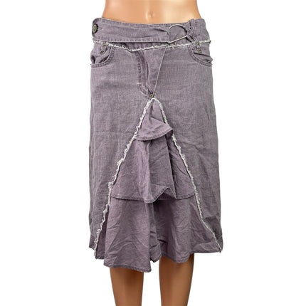 Promod Womens Purple Linen Distressed Ruffle Lagenlook Midi A-Line Skirt Size M