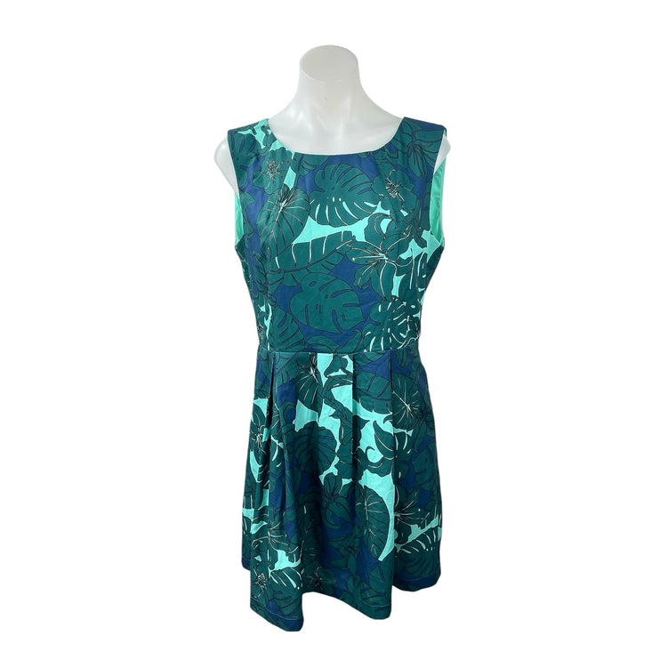 Pink Martini Women's Green Tropical Sleeveless Pleated Mini Flare A-Line Dress L