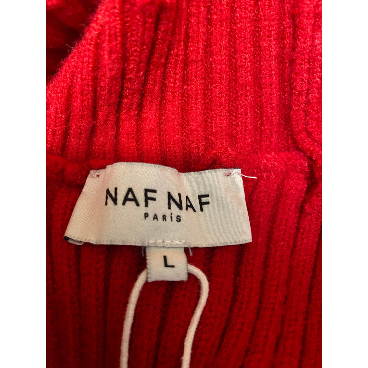 Naf Naf Red One Shoulder Long Sleeve Mock Neck Rib Knit Crop Sweater Top Size L