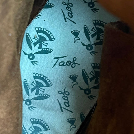 Taos Brown Fringed Suede Leather Tie Button Mid Calf Moccasin Boots Size 10.75