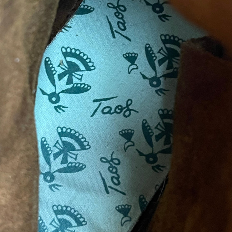 Taos Brown Fringed Suede Leather Tie Button Mid Calf Moccasin Boots Size 10.75