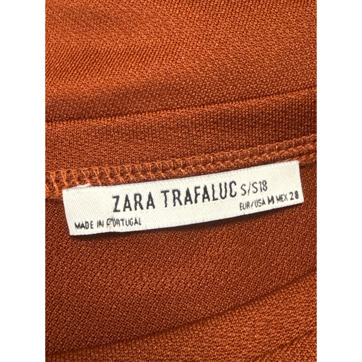 Zara Women's Orange Brown Ruched Long Sleeve Crew Neck Tee T-Shirt Blouse Top M