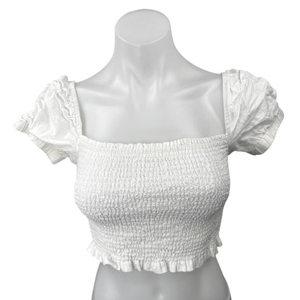 ASTR The Label Women's White Linen Blend Puff Sleeve Smocked Crop Top Size XS