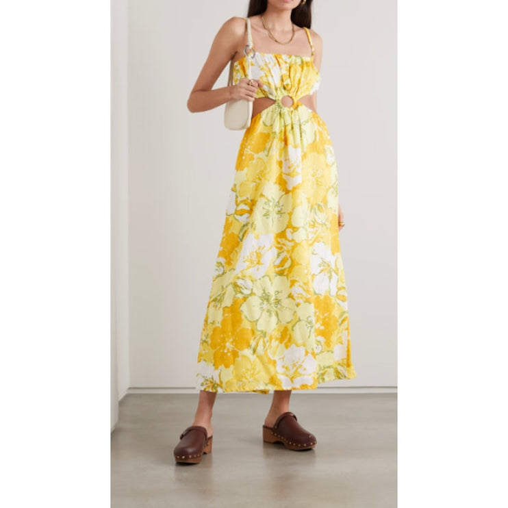 Faithfull The Brand El Rio 100% Linen Yellow Floral Cutout A Line Maxi Dress 6