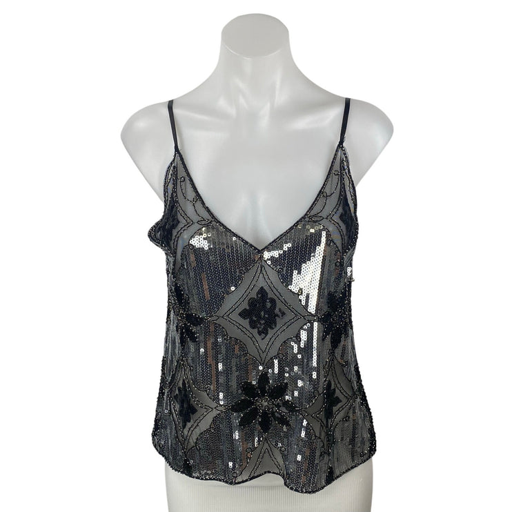 Women's Black Sequin Sparkly Sleeveless V Neck Cami Camisole Tank Top Size M/L