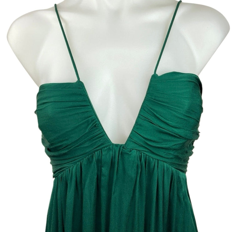 MNG Green Plunging V Empire Waist Sleeveless Pleated Maxi Evening Dress Size 2