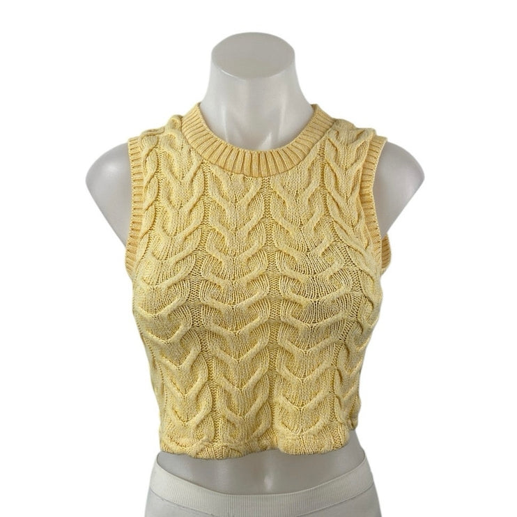 Zara Women's Yellow Cable Knit Sleeveless Crew Neck Sweater Crop Vest Top Size S