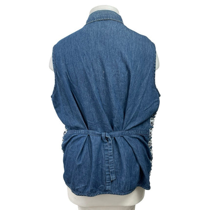 Women's Blue Floral Embroidery Sleeveless Collared Button Up Shirt Tank Top XXL