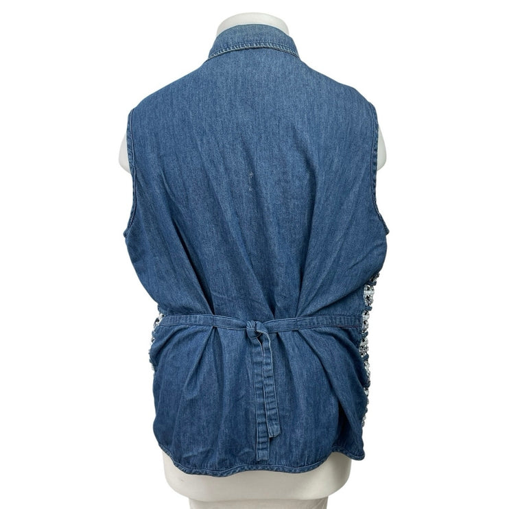 Women's Blue Floral Embroidery Sleeveless Collared Button Up Shirt Tank Top XXL