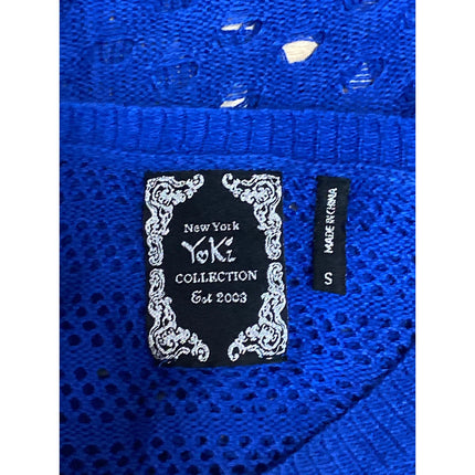 Yoki Women's Blue Crochet Open Knit Batwing Long Sleeve Cover Up Crop Top Size S